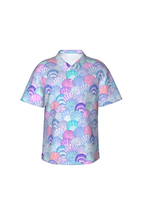Watercolor Sea Shells 1 Print Mens Hawaiian Shirts,Loose-Fit Short Sleeve Button Down Tropical Aloha Beach Shirt,Summer Vacation Wedding Tops,Large