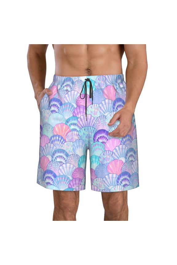 Watercolor Sea Shells 1 Print Mens Swim Trunks Quick Dry Board Shorts,Breathable Hawaii Beach Shorts Swimwear Bathing Suits-Large