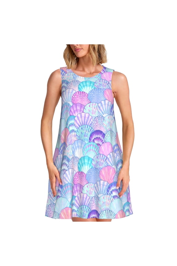 Watercolor Sea Shells 1 Print Summer Dresses for Women,Beach Sleeveless Flowy Pocket Tshirt Tank Sundresses,Women's Sleeveless Dress