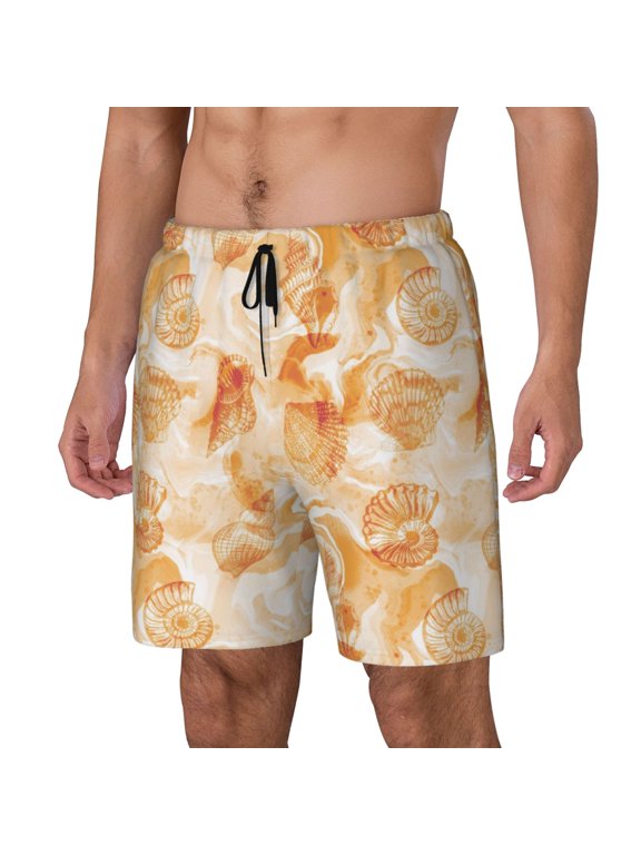 Watercolor Sea Shells Print Men's Swim Trunk,Quick Dry Board Shorts ,Men's Swim Trunks with Compression Liner, Bathing Suits with Pockets-Large