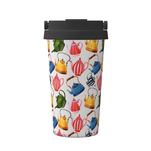 Logiee Watercolor Teapots Print Stainless Steel Coffee Tumbler, Travel Coffee Mug, Insulated Coffee Mug with Lid, Spill Proof Coffee Cup, Portable Thermal Mug