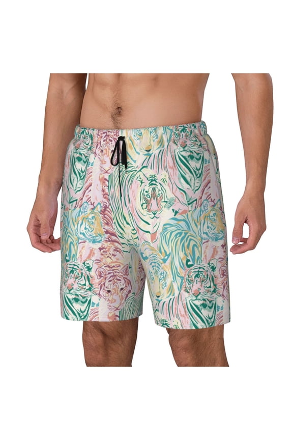 Watercolor Tiger Print Men's Swim Trunk,Quick Dry Board Shorts ,Men's Swim Trunks with Compression Liner, Bathing Suits with Pockets-Medium