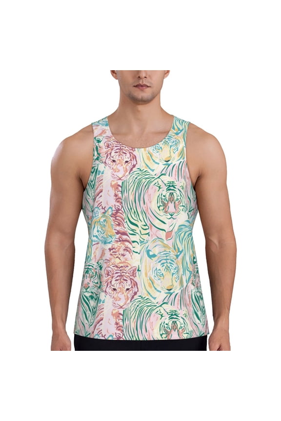 Watercolor Tiger Print Men's Workout Tank Top,Quick Dry Workout Tank Top,Gym Muscle Tee,Fitness Bodybuilding Sleeveless T Shirt-3X-Large