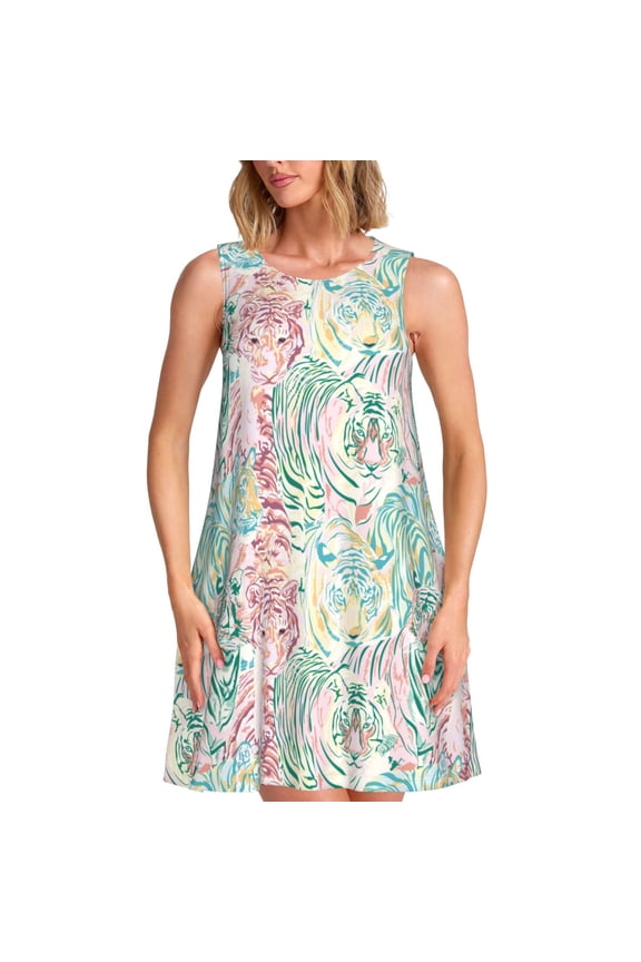 Watercolor Tiger Print Summer Dresses for Women,Beach Sleeveless Flowy Pocket Tshirt Tank Sundresses,Women's Sleeveless Dress
