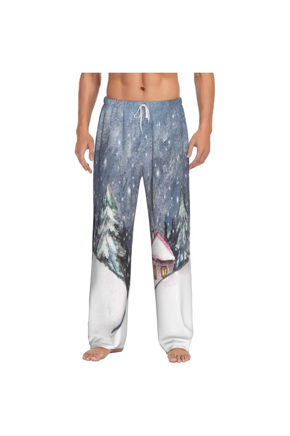 Watercolor Winter Landscape For Christmas Print Pajama Pants for Men,Men’s Pajama Bottoms,Mens PJ Pants with Pockets & Button Fly-3X-Large