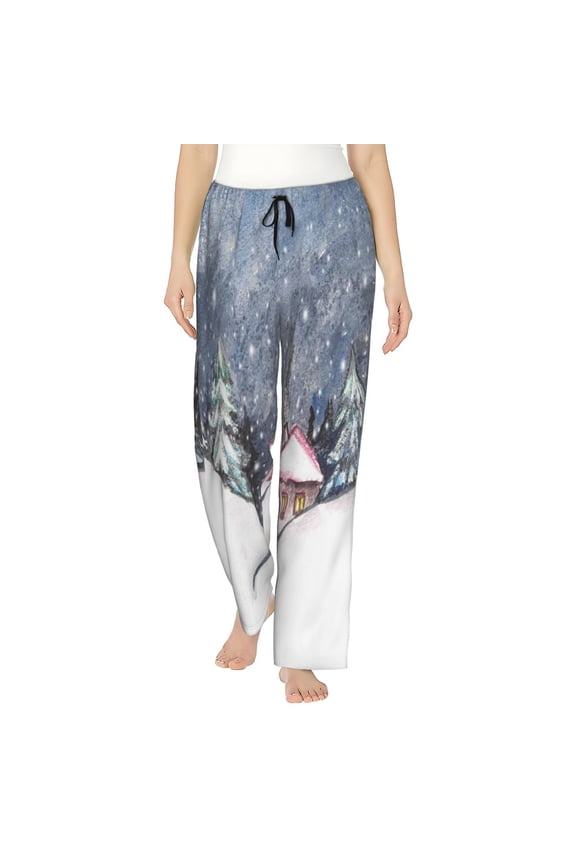 Watercolor Winter Landscape For Christmas Print Women Pajama Pants,Comfy Pj Bottom with Pockets & Drawstring,Stretch Casual Sleepwear-Medium