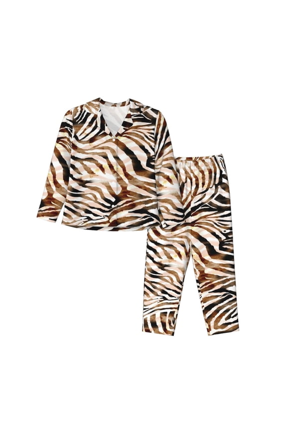 Watercolor Zebra Print Womens Pajamas Set,Long Sleeve Sleepwear,Button Down Lounge Set 2 Pieces,Soft Nightwear Pjs Set-