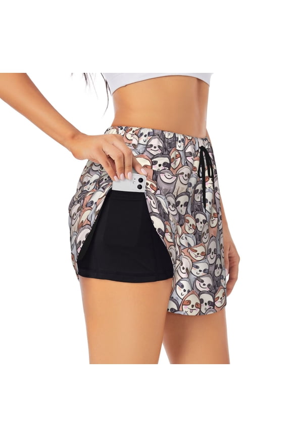 Watercolor cute slow loris Print Women 2 in 1 Running Shorts,High Waisted Athletic Shorts,Gym Workout Shorts with Liner Pockets-Small
