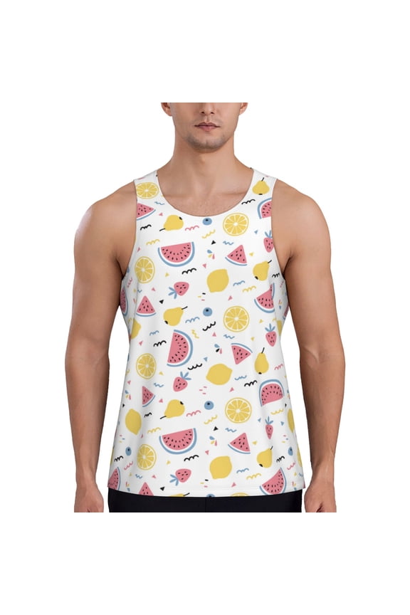 Watermelon And Lemon Print Men's Workout Tank Top,Quick Dry Workout Tank Top,Gym Muscle Tee,Fitness Bodybuilding Sleeveless T Shirt-
