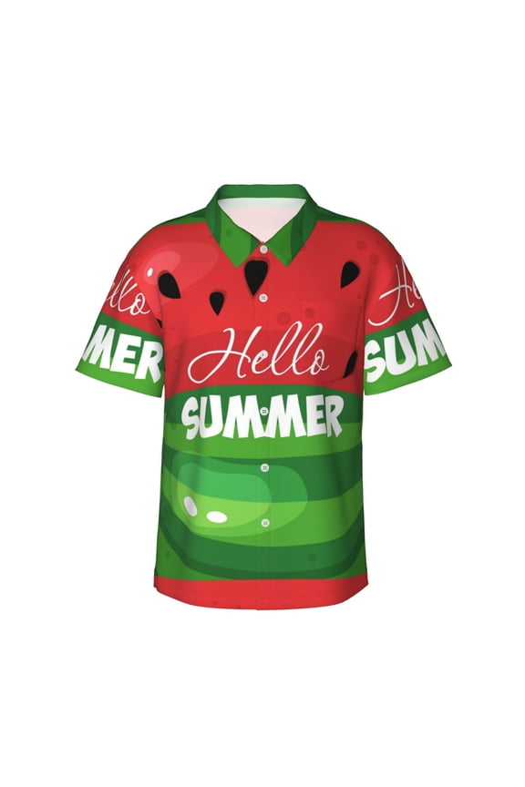 Watermelon Hello Summer Print Mens Hawaiian Shirts,Loose-Fit Short Sleeve Button Down Tropical Aloha Beach Shirt,Summer Vacation Wedding Tops,Medium