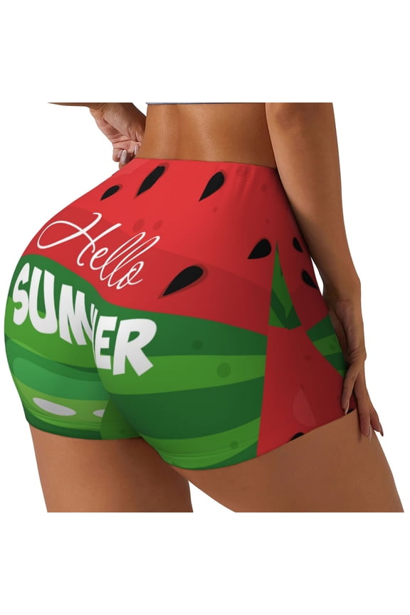 Watermelon Hello Summer Print Women's Biker Shorts,Workout Gym Shorts,Scrunch Shorts,Tummy Control Hidden Scrunch Running Yoga Shorts-X-Large