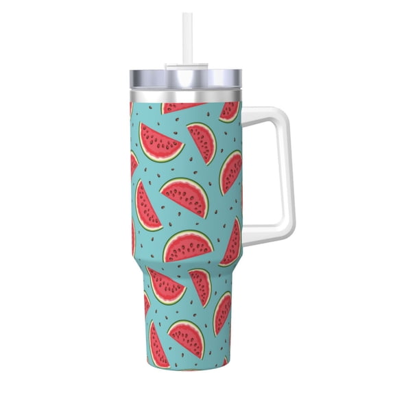 Logiee Watermelon Print 40OZ Ice Bully Cup with Handle and Straw, Double Wall Stainless Steel Tumbler,Travel Coffee Cup with Lid, Summer Insulation and Cooling Cup
