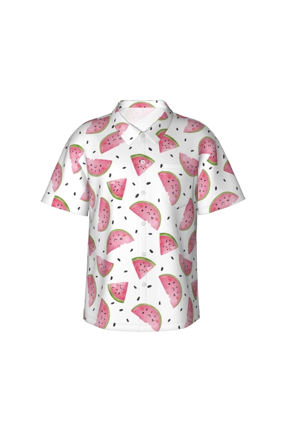 Watermelon Print Mens Hawaiian Shirts,Loose-Fit Short Sleeve Button Down Tropical Aloha Beach Shirt,Summer Vacation Wedding Tops,Large