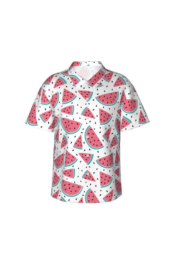 Watermelon Print Mens Hawaiian Shirts,Loose-Fit Short Sleeve Button Down Tropical Aloha Beach Shirt,Summer Vacation Wedding Tops,Large