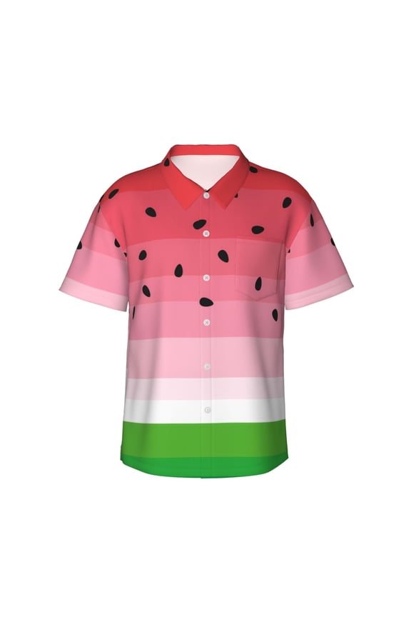 Watermelon Print Mens Hawaiian Shirts,Loose-Fit Short Sleeve Button Down Tropical Aloha Beach Shirt,Summer Vacation Wedding Tops,Medium