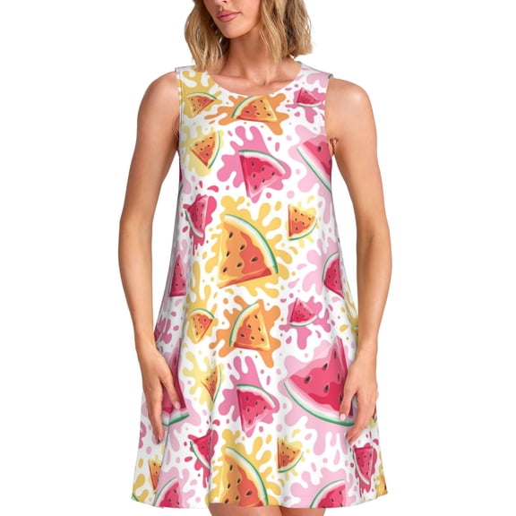 Logiee Watermelon Print Summer Dresses for Women,Beach Sleeveless Flowy Pocket Tshirt Tank Sundresses,Women's Sleeveless Dress