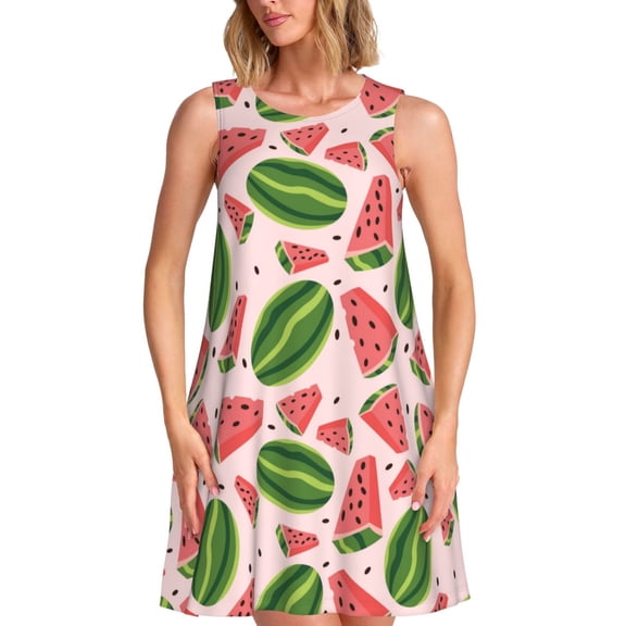 Logiee Watermelon Print Summer Dresses for Women,Beach Sleeveless Flowy Pocket Tshirt Tank Sundresses,Women's Sleeveless Dress