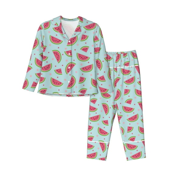 Logiee Watermelon Print Womens Pajamas Set,Long Sleeve Sleepwear,Button Down Lounge Set 2 Pieces,Soft Nightwear Pjs Set-X-Large