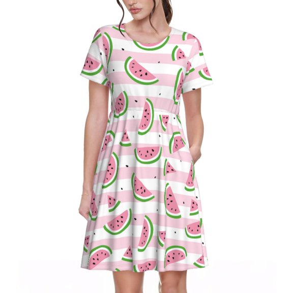 Logiee Watermelon Print Womens Summer Dress,Casual Short Sleeve Sundresses,Beach A-line Shift Dress with Pockets