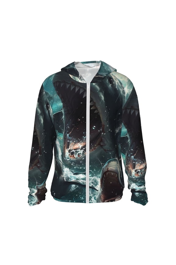 Wave Ocean Animal Shark Print Men's Women Light Jacket Full Zip Sun Protection Hoodie Long Sleeve Sun Shirts for Men Hiking Fishing Zip Pockets-Medium