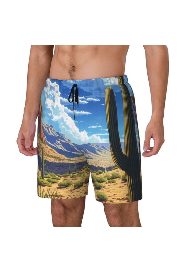 Western Desert Cactus Print Men's Swim Trunk,Quick Dry Board Shorts ,Men's Swim Trunks with Compression Liner, Bathing Suits with Pockets-Medium
