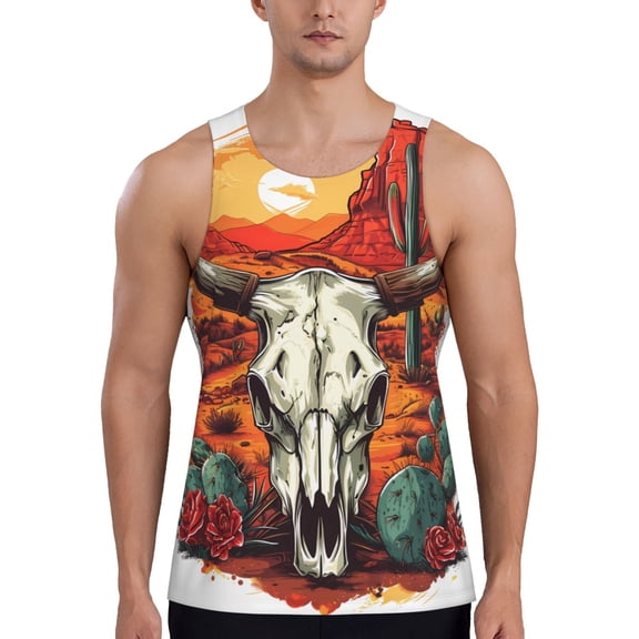Logiee Western Desert Cactus Ram Skull Print Men's Workout Tank Top,Quick Dry Workout Tank Top,Gym Muscle Tee,Fitness Bodybuilding Sleeveless T Shirt-XX-Large