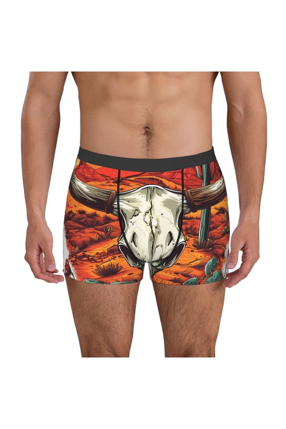 Western Desert Cactus Ram Skull Print Mens Boxer Briefs,Boxer Briefs for Men,Breathable Stretch Underwear,Boys Boxer Briefs-X-Large