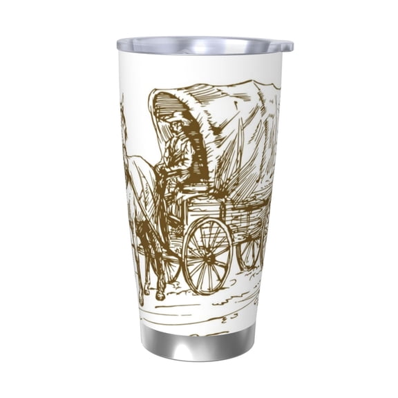 Logiee Western Scenery With Old Wagon Print 20OZ Car Cup with Lid, Stainless Steel Vacuum Insulated Double Wall Travel Tumbler, Durable Insulated Coffee Mug,Thermal Cup with Straw-Without Straw