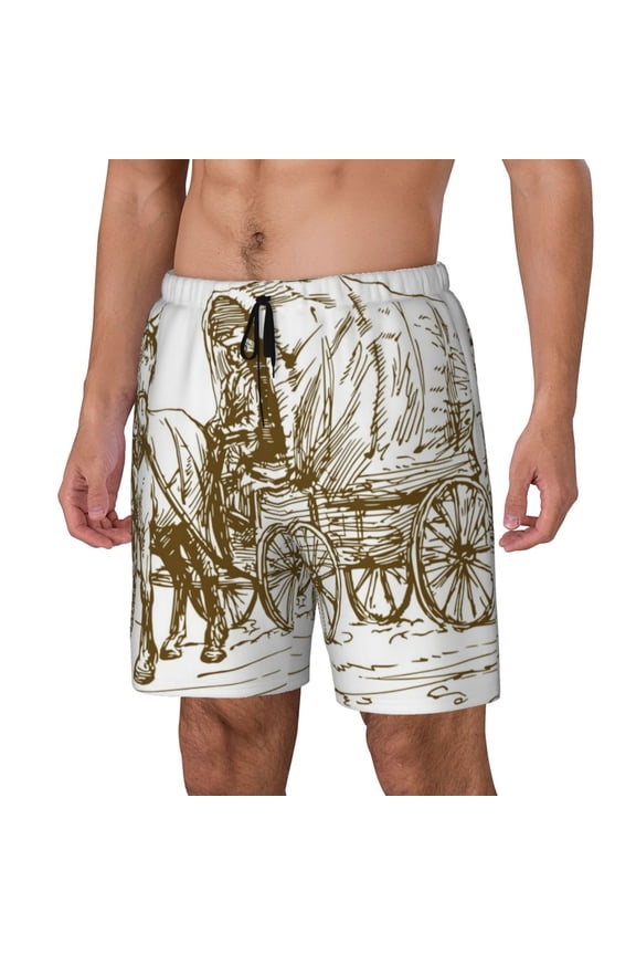 Western Scenery With Old Wagon Print Men's Swim Trunk,Quick Dry Board Shorts ,Men's Swim Trunks with Compression Liner, Bathing Suits with Pockets-3X-Large