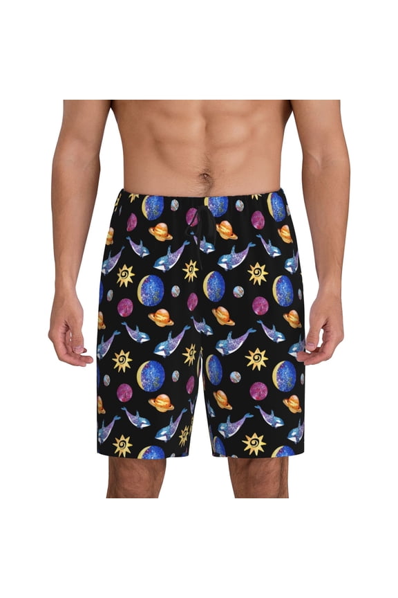 Whales In Space Print Men's Pajama Shorts with Drawstring & Pockets,Sleep Shorts for Men,Sleepwear Bottoms,Elastic Waistband Loungewear-Medium