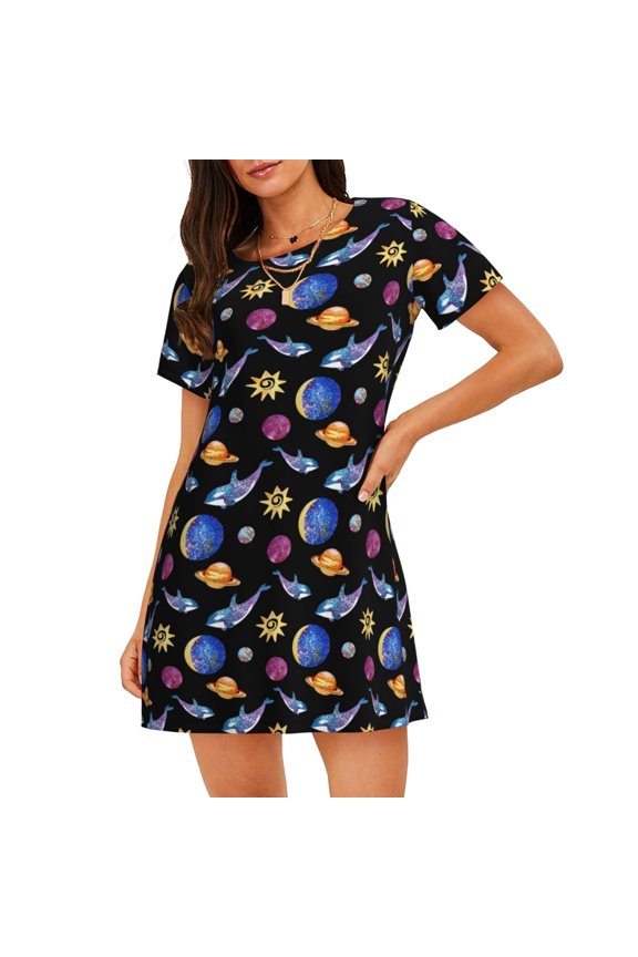 Whales In Space Print Nightgowns for Women,Soft Short-Sleeved Lightweight Sleepwear, Loose Sleepshirts
