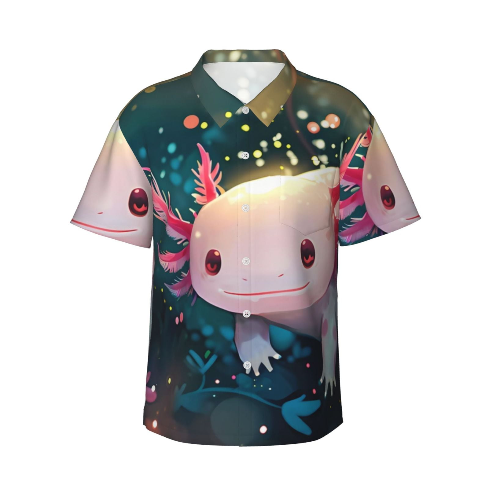 Logiee Whimsical Axolotl Fantasy Print Mens Hawaiian Shirts,Loose-Fit Short Sleeve Button Down Tropical Aloha Beach Shirt,Summer Vacation Wedding Tops,3X-Large