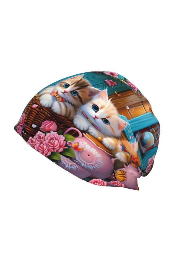 Whimsical Cats and Flowers Scene Print Unisex Knit Beanie for Men Women Winter Hat,Beanies Skull Caps