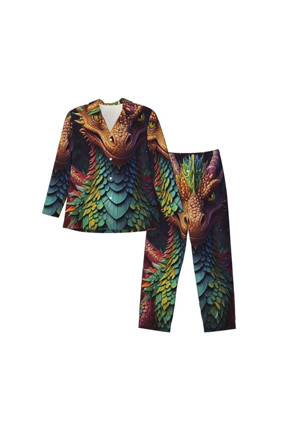 Whimsical Dragon Color Cool Print Mens Long Sleeve Pajama Set,Notched Collar Pajamas for Men, Men's Sleepwear,Mens Sleepwear with Pockets & Button Down-Large