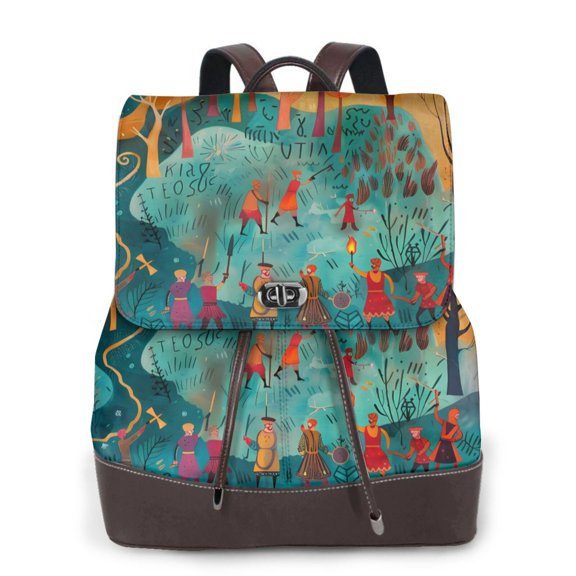 Gaeub Whimsical Forest Scene Print Women's Leather Backpack,Travel Laptop Backpack,Fashion Ladies Leather Backpack Bag for Travel,Leather Drawstring Daypack for Me