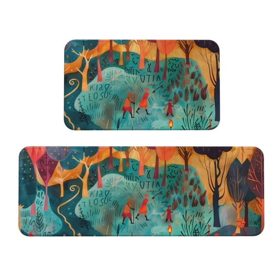 Logiee Whimsical Forest Scene Print Kitchen Mats for Floor Sets of 2,Waterproof Kitchen Rugs,Non Slip Comfort Standing Mat Rug for Home,Runner,Sink,Office,Laundry