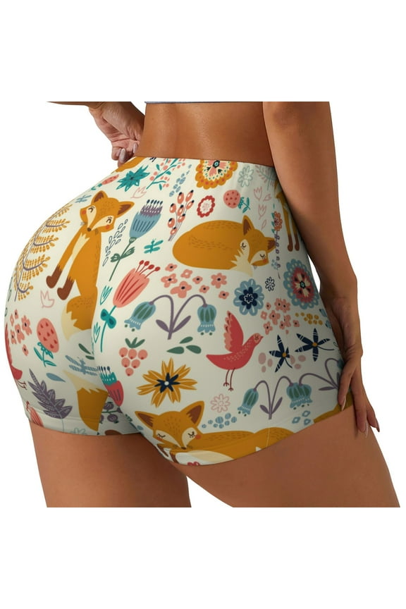 Whimsical Fox Floral Garden Print Women's Biker Shorts,Workout Gym Shorts,Scrunch Shorts,Tummy Control Hidden Scrunch Running Yoga Shorts-Small