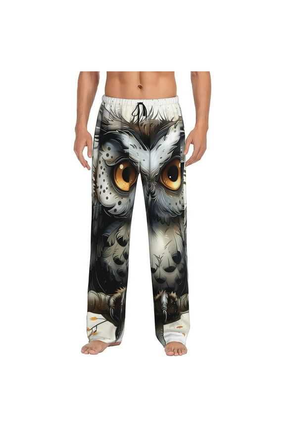 Whimsical Owl On Branch Print Pajama Pants for Men,Men’s Pajama Bottoms,Mens PJ Pants with Pockets & Button Fly-Large