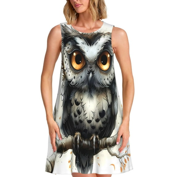 Logiee Whimsical Owl On Branch Print Summer Dresses for Women,Beach Sleeveless Flowy Pocket Tshirt Tank Sundresses,Women's Sleeveless Dress