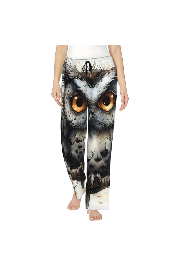 Whimsical Owl On Branch Print Women Pajama Pants,Comfy Pj Bottom with Pockets & Drawstring,Stretch Casual Sleepwear-Small