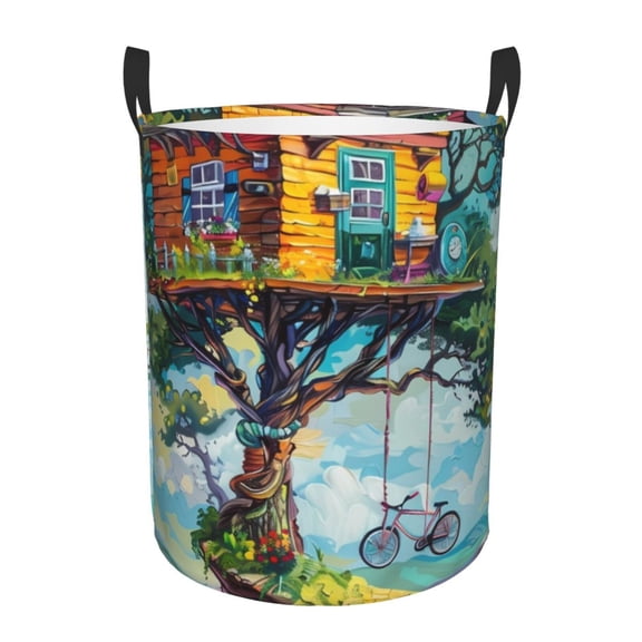 Logiee Whimsical Treehouse Painting Print Laundry Hamper,Dirty Clothes Hamper Storage Basket for Bathroom Bedrooms College Dorm, Circular Hamper with Handles,Collapsible Laundry Baskets-Small