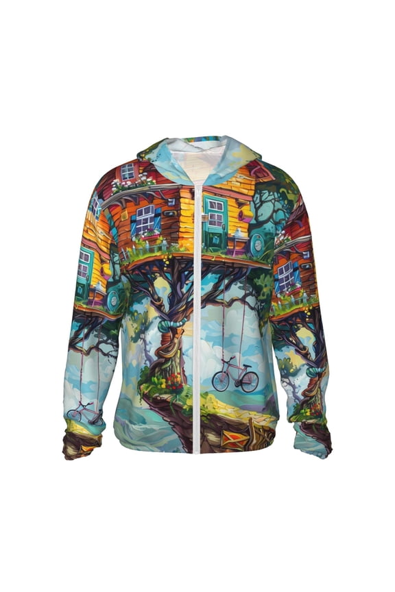 Whimsical Treehouse Painting Print Men's Women Light Jacket Full Zip Sun Protection Hoodie Long Sleeve Sun Shirts for Men Hiking Fishing Zip Pockets-