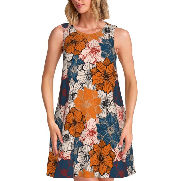 Logiee Whimsical peony blossom Print Summer Dresses for Women,Beach Sleeveless Flowy Pocket Tshirt Tank Sundresses,Women's Sleeveless Dress