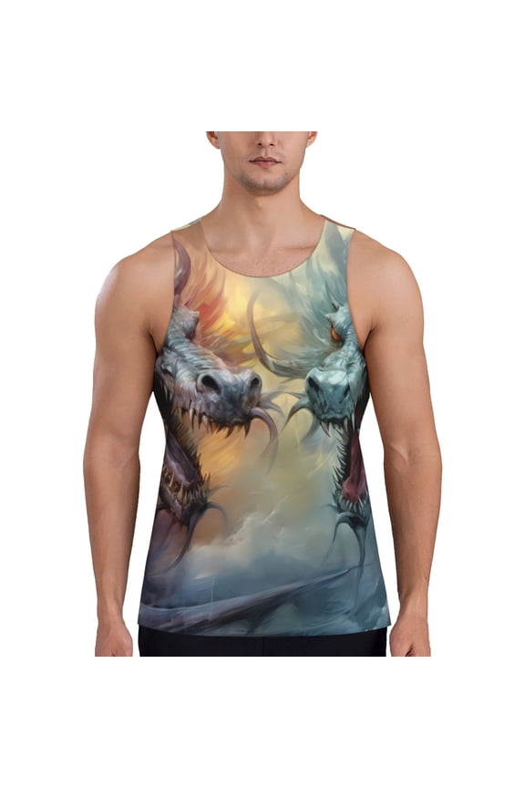 White And Red Storm Dragon Print Men's Workout Tank Top,Quick Dry Workout Tank Top,Gym Muscle Tee,Fitness Bodybuilding Sleeveless T Shirt-Large