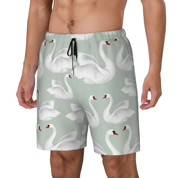 Logiee White Birds Print Men's Swim Trunk,Quick Dry Board Shorts ,Men's Swim Trunks with Compression Liner, Bathing Suits with Pockets-Medium