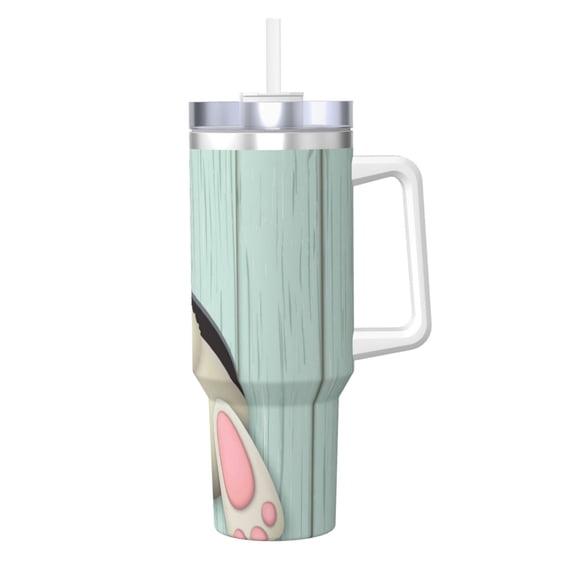 Logiee White Bunny Bottom And Easter Eggs Print 40OZ Ice Bully Cup with Handle and Straw, Double Wall Stainless Steel Tumbler,Travel Coffee Cup with Lid, Summer Insulation and Cooling Cup