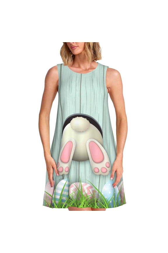 White Bunny Bottom And Easter Eggs Print Summer Dresses for Women,Beach Sleeveless Flowy Pocket Tshirt Tank Sundresses,Women's Sleeveless Dress