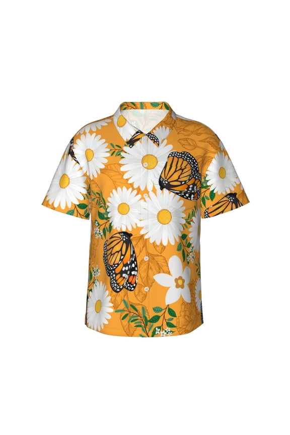 White Floral and Butterflies Print Mens Hawaiian Shirts,Loose-Fit Short Sleeve Button Down Tropical Aloha Beach Shirt,Summer Vacation Wedding Tops,X-Large
