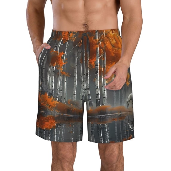 Logiee White Horse Autumn Birch Print Mens Swim Trunks Quick Dry Board Shorts,Breathable Hawaii Beach Shorts Swimwear Bathing Suits-XX-Large