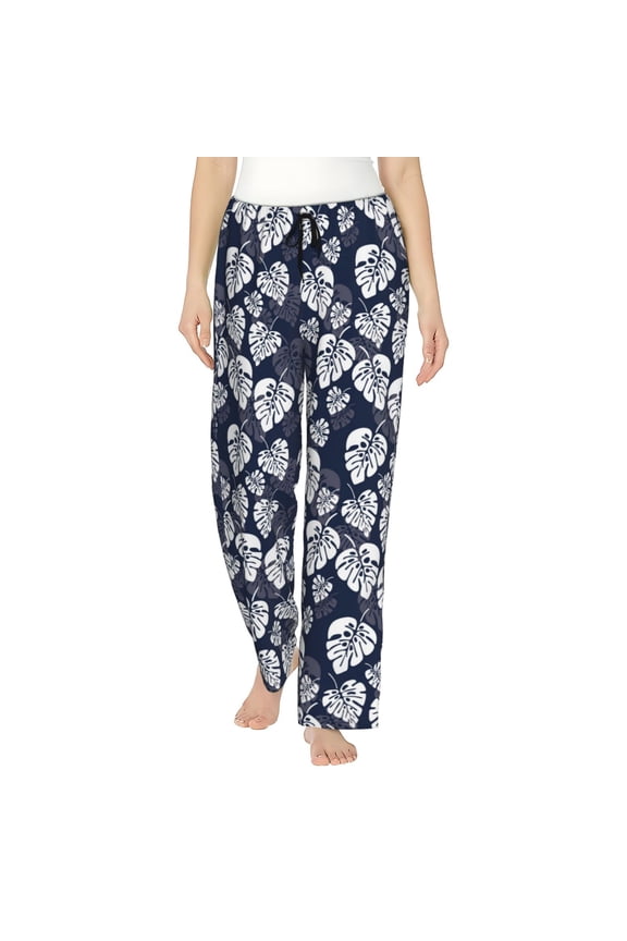 White Leaves Print Women Pajama Pants,Comfy Pj Bottom with Pockets & Drawstring,Stretch Casual Sleepwear-Large